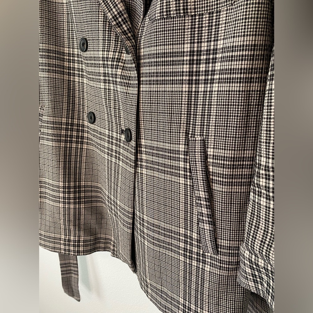 Zara Blush Pink & Black Plaid Double Breasted Stretch Blazer with belt Small - Picture 9 of 13